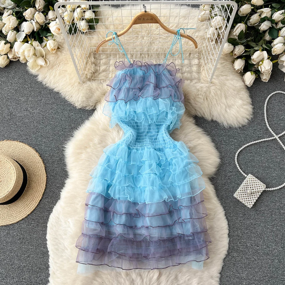 

Sweet Temperament Off-the-shoulder Layered Mesh Cake Princess Dress Summer New Slim Slimming Super Fairy Age-reducing Dress