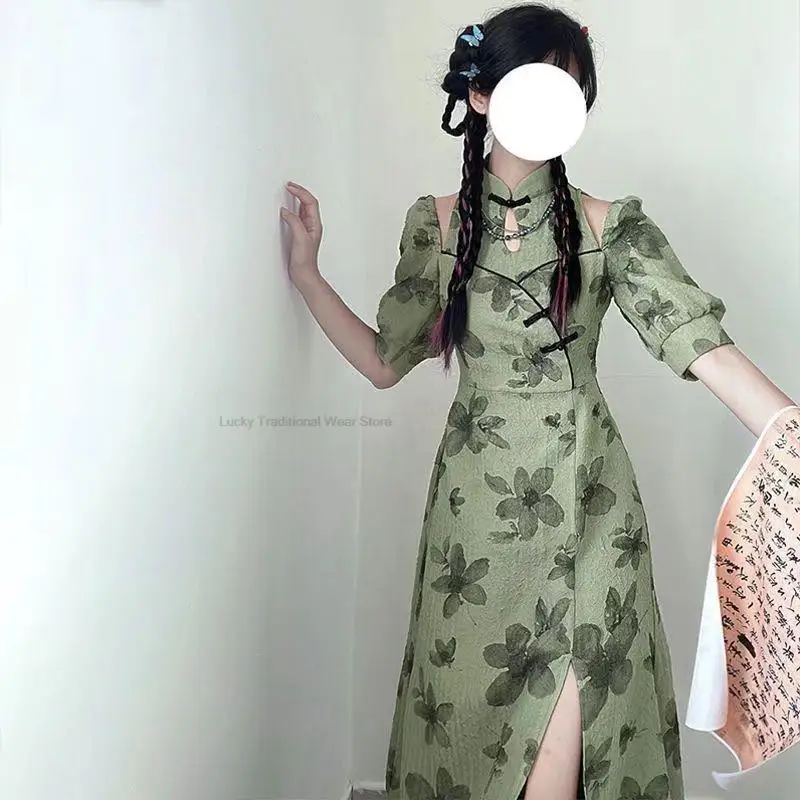 

Китайское традиционное Цветочное платье Ципао с чернильным принтом, улучшенное восточное платье-Ципао средней длины, летнее платье с вырезами