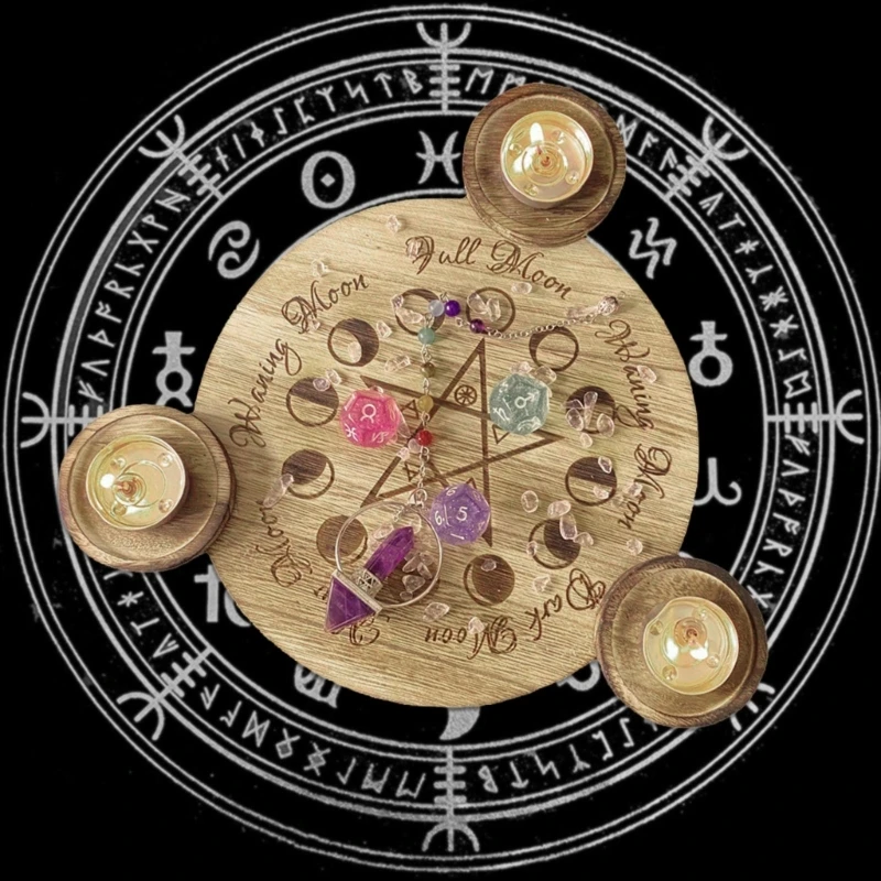 

Astrology Pentagram Wooden Candlestick Table Pentacle Altar Plate Candle Holder Tray Triquetra Divination Witchcraft Accessories
