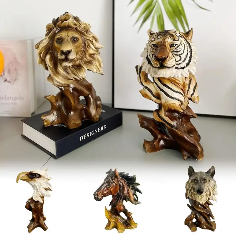 

Tiger Head Figurine Resin Wild Animals Sculpture Tiger Eagle Lion Horse Wolf Head Figurine Animal Art Home Decor For Desks