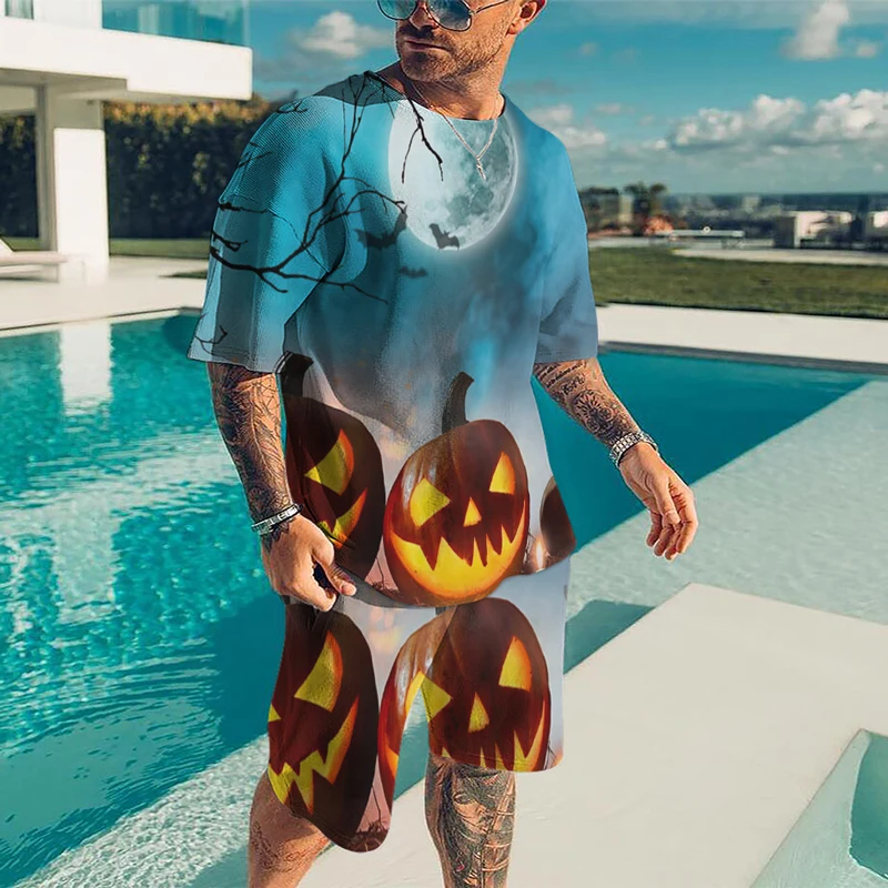 New Summer Halloween Sets Pumpkin Head Men Sports Jogging T Shirt Tracksuit Party Suit 3D Printed Breathable Popular Clothes