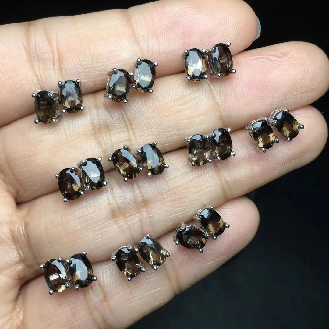 

1 Pair Fengbaowu Natural Stone Smoky Quartz Earring Ear Stud Oval Faceted Bead 925 Sterling Silver Fashion Crystal Jewelry Gift