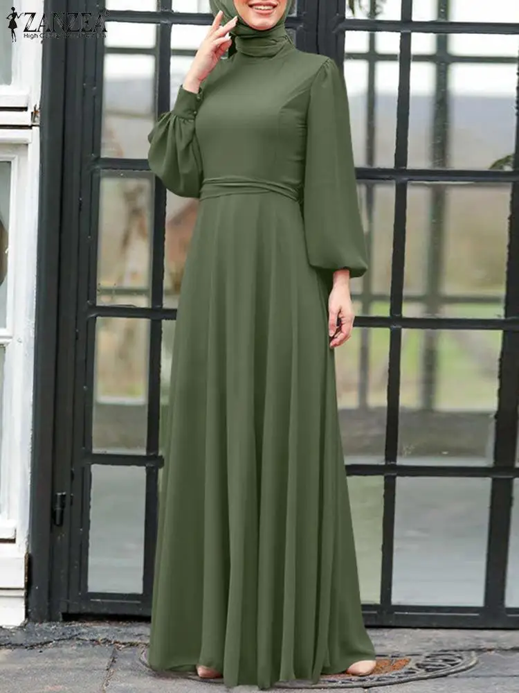 

ZANZEA Solid Women Muslim Maxi Dress Loose Elagant Casual Dubai Turkey Abaya Hijab Robe Turtleneck Long Sleeve Islamic Clothing