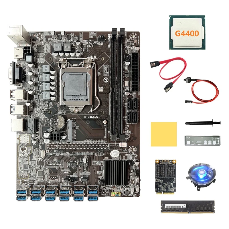 

B250C 12USB ETH Miner Motherboard+G4400 CPU+128G SSD+DDR4 8GB RAM+Fan+SATA Cable+Switch Cable+Thermal Grease+Baffle