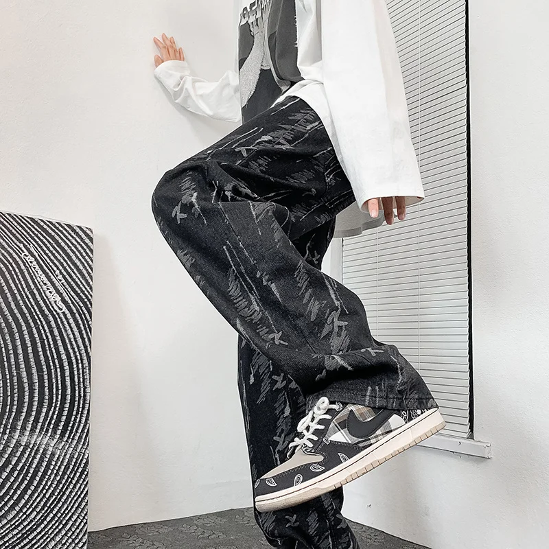 Summer Blue Black Jeans Men Fashion Retro Printed Jeans Men Streetwear Hip Hop Loose Straight Denim Pants Mens Trousers S-3XL