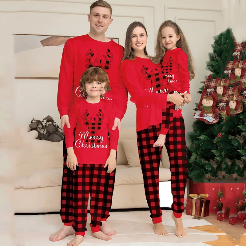 

Новинка 2024, пижамный комплект в красную клетку с принтом, Рождественская домашняя одежда для детей и взрослых на Хэллоуин, Семейные пижамы, комплект из двух предметов