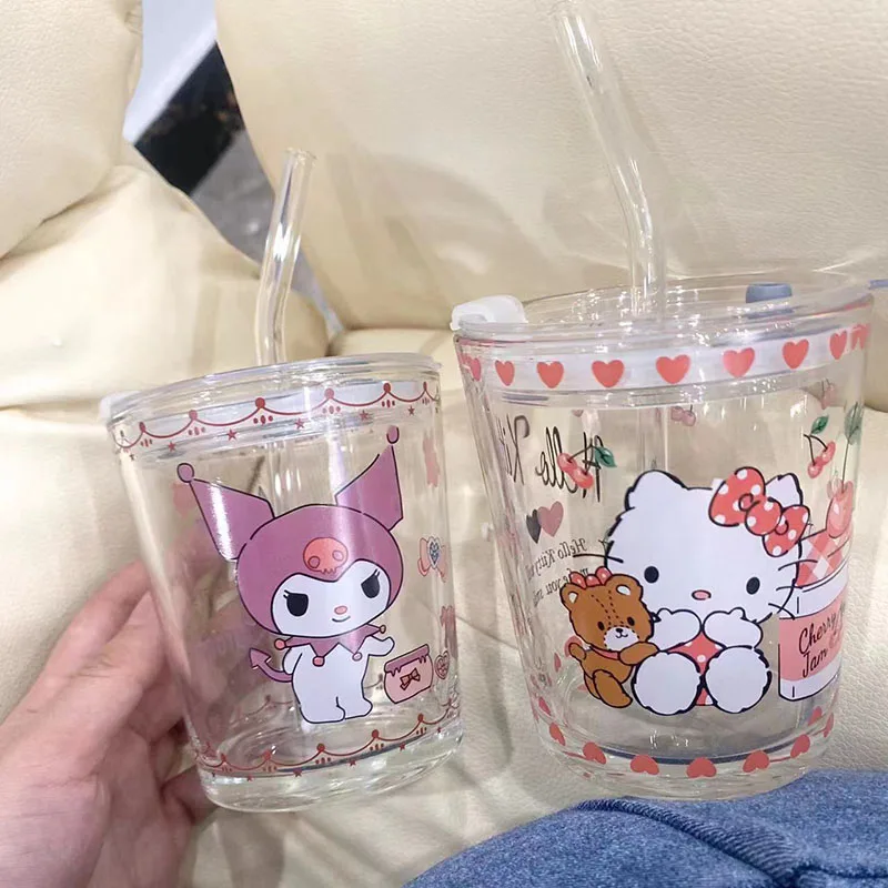 

Kawaii Kuromi Cinnamoroll Cartoon Anime Series Sanrioed Glass Water Cup 280ML Home Milk Coffee Cup Gift for Girls