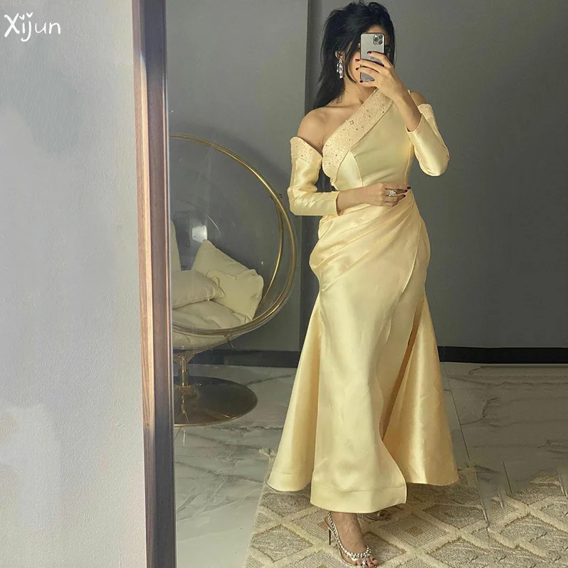 

Xijun Beading A Line Long Prom Party Dresses Detachable Sleeves One Shoulder Dubai Arabic Evening Gowns For Women 2023 Custom