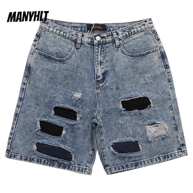 

Harajuku Hip Hop Hole Ripped Retro Jeans Shorts Men and Women Straight Streetwear Oversize Washed Summer Denim Knee Length Pants