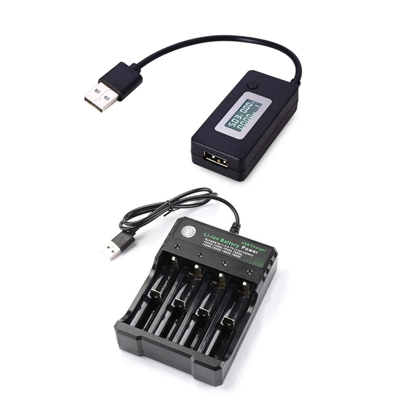 

NEW-2 Pcs Accessories: 1 Pcs LCD USB Detector Voltmeter Ammeter Charger Tester & 1 Pcs USB 4-Slot Li-Ion Battery Charger