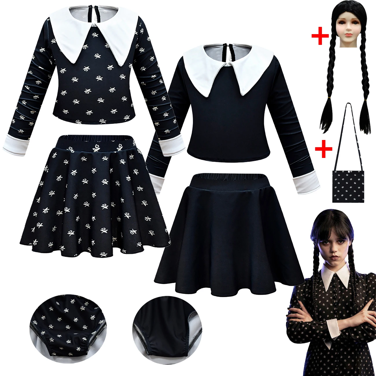 

Girls Wednesday Addams Family Cosplay Costume Addams Printing Dress Wig Kids Vintage Gothic Outfits Halloween Role Play Clothes