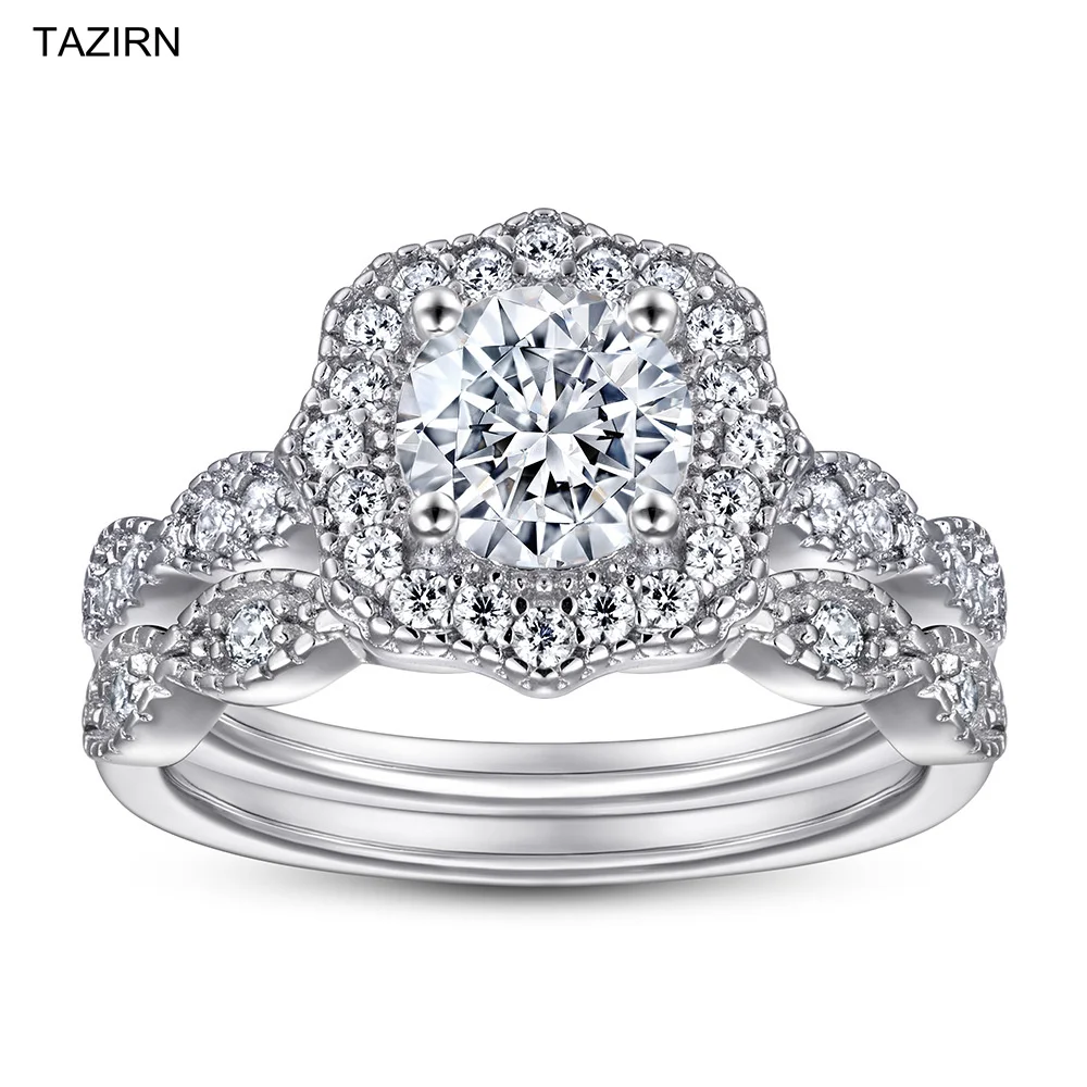 

TAZIRN 18K White Gold Plated Ring Sets for Wedding Bridal 2PCS Cubic Zirconia Engagement Promise Eternity S925 Silver Rings Set