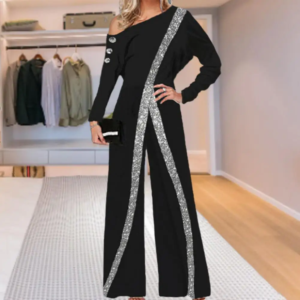 Soft Texture  Stylish Sexy Slash Neck Strapless Romper Wide Leg Party Jumpsuit Long Sleeve   Streetwear