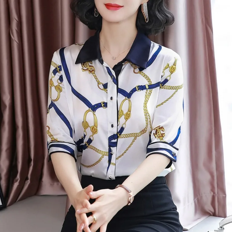 Fashion Lapel Button Spliced All-match Printed Shirt Women's Clothing 2023 Spring New Casual Tops Half Sleeve Office Lady Blouse