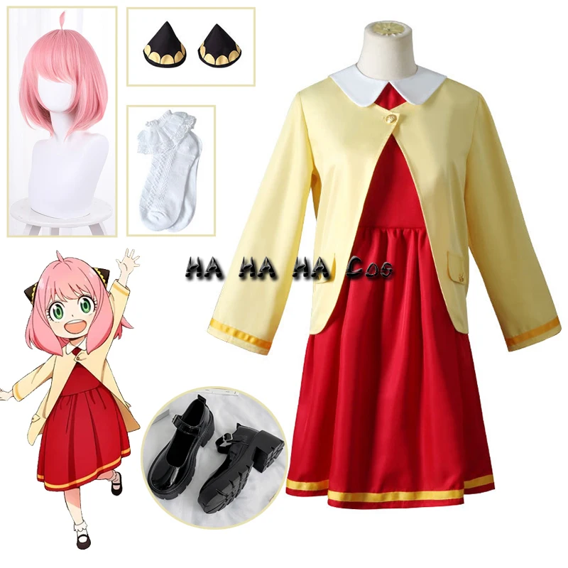 

Spy X Family Anya Forger Anime Cosplay Costumes Red Dress Yellow Jacket Pink Wig Hairpins Girls Set Outfit For Kids Adult Women
