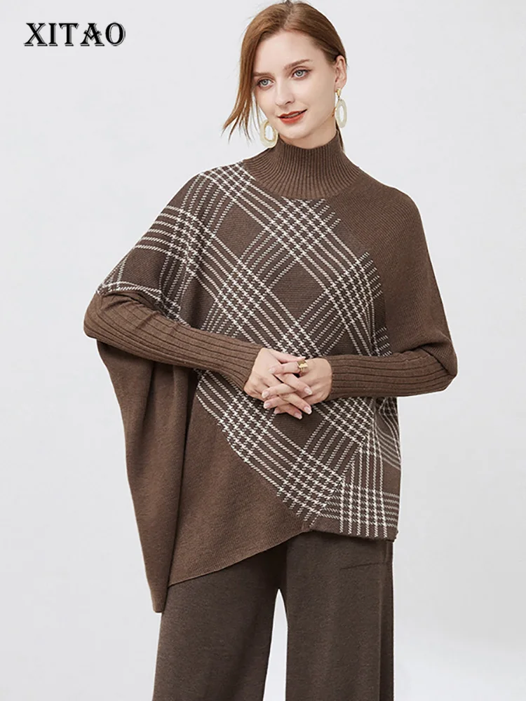 

XITAO Irregular Loose Pullover Sweater Fashion Contrast Color Knitting Plaid Splicing Half High Collar Bat Wing Sleeve WLD9090