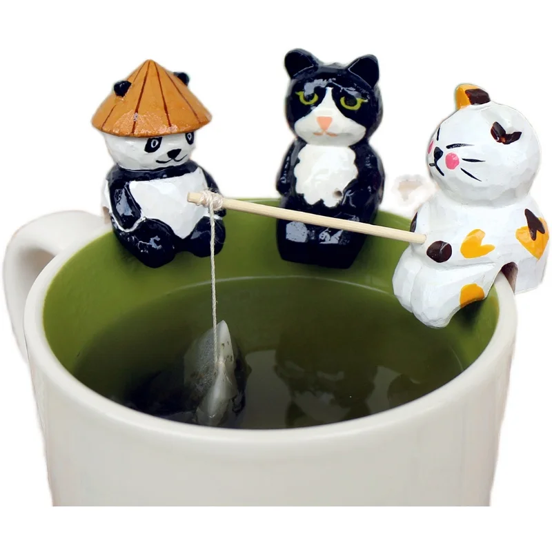 

Wood Carving Cat Tea Bag Hanging Fishing Panda Tea Filter Hanging Creative Hand-carved Hand-painted Cup Rim Cup Hanging