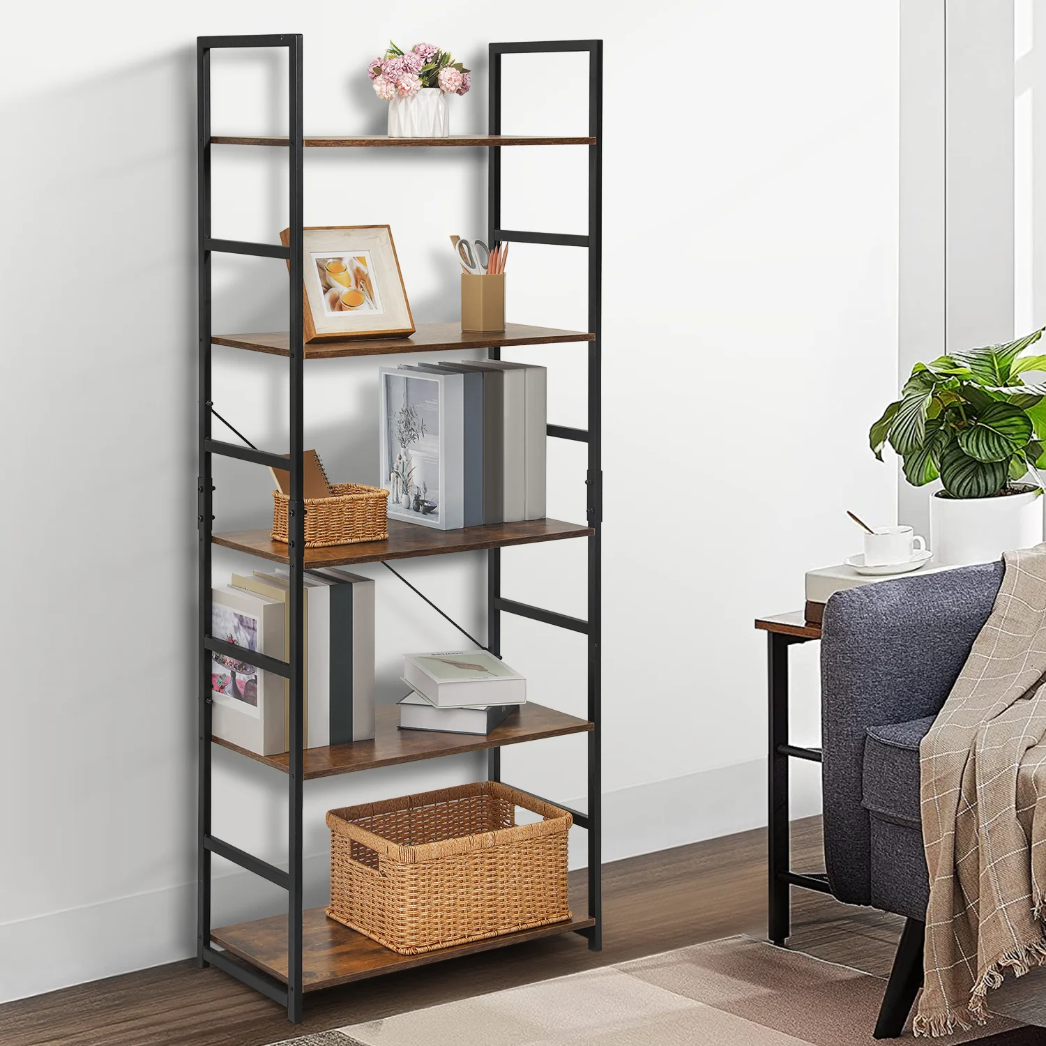 

5 Shelves Rustic Bookcase, Industrial Shelf Unit, with Metal Frame Modern Office Home Display Shelves, Brown9(Us Stock)