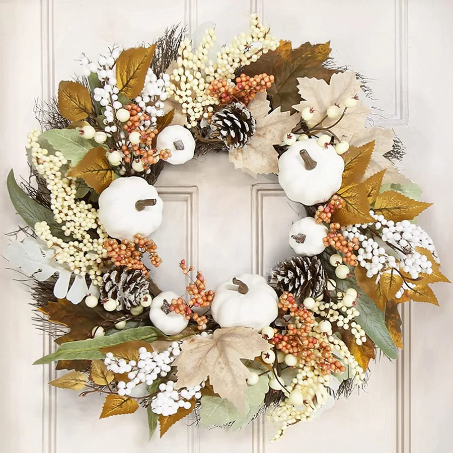 

Thanksgiving Wreath with Berry Maple Leaf White Pumpkin Wreath for Front Door Pinecone Hanging Indoor Outdoor Wall Home Decor