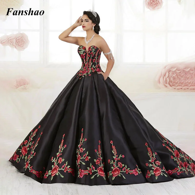 

Fanshao pd163 Embroidery Quinceanera Dress Sweetheart Satin Sleevesless Vestido For Sweet 15 Girls Ball Gowns Prom Wear
