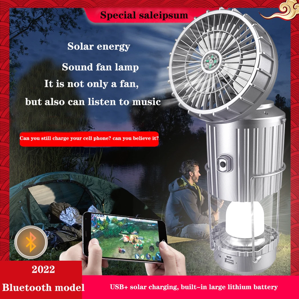 Solar outdoor camping lamp, 0 electricity is used all the time!Bluetooth, emergency，lighting, USB portable battery, fan，Picnic