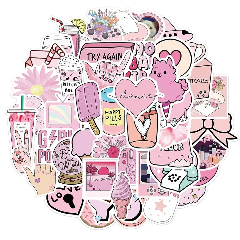 

10/50PCS Funny Pink Style Girl Cartoon Aesthetic Stickers Album Travel Luggage Guitar Waterproof Graffiti Journal Sticker