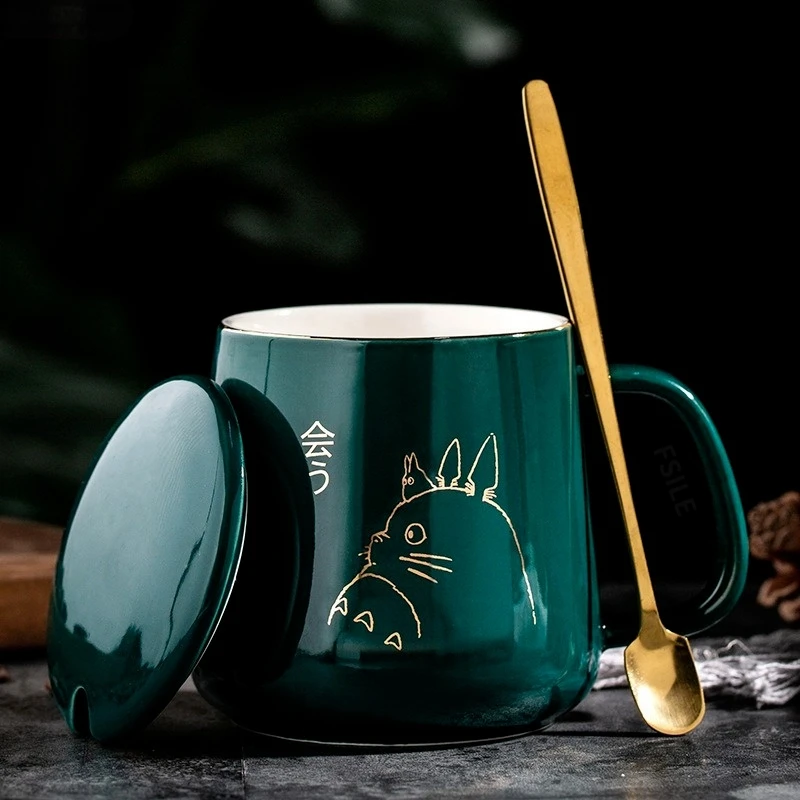400ml New Product European Style Light Luxury Gold-painted Ceramic Coffee Mug with Lid Spoon Water Cup Cartoon Totoro Mug