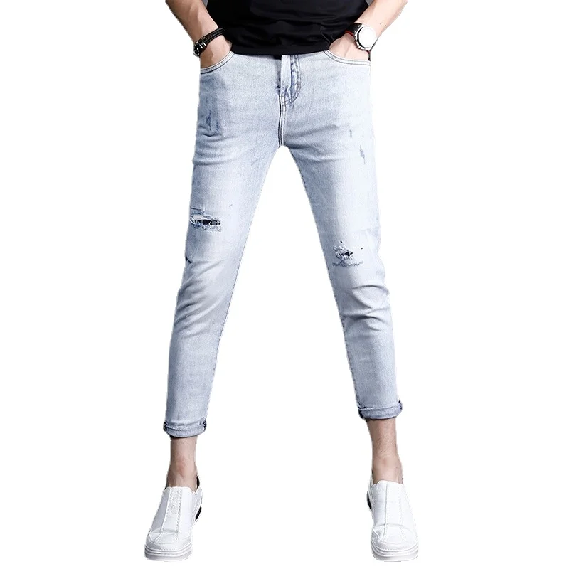 Summer Jeans Men Light Blue Ankle-Length Pants Ripped Patch Jean Streetwear Fashion Lightweight Slim Fit Denim Trousers