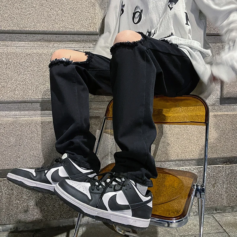 Ripped Black Skinny Jeans Men Slim Fashion Casual Straight Jeans Men Streetwear Summer Loose Hip Hop Hole Denim Pants Men S-2XL