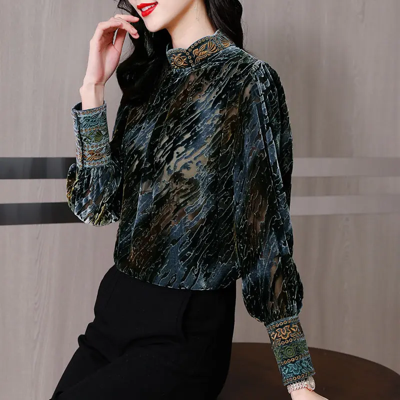 

Женская золотистая бархатная блузка, осень и зима 2022, новый благородный топ с плотной вышивкой, блузка-рубашка