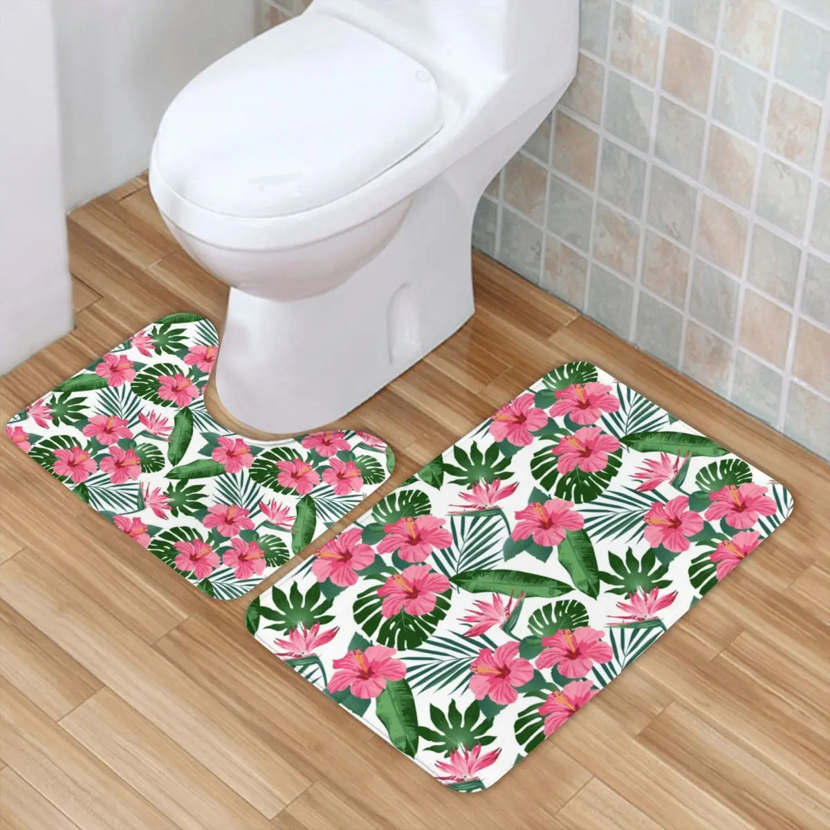 

Tropical Leaves Bath Mat Hibiscus Flower Print Modern Polyester 2 Piece Bathroom Mat Set Door Washable Bathroom Rug
