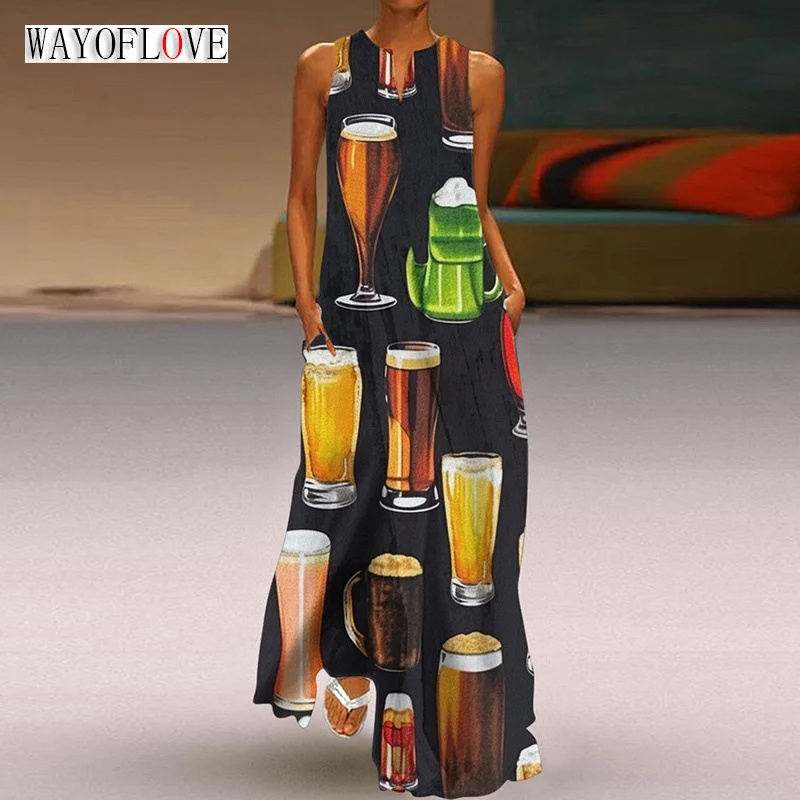 

WAYOFLOVE Ladies Spring Summer Boho Black Dress Sleeveless Loose V-neck Beer-glass Beach Dresses Elegant Party Casual Long Dress