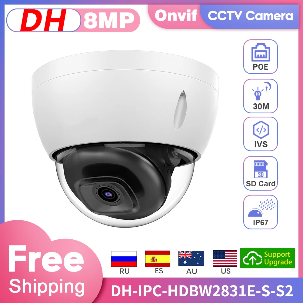 

DH Original 8MP IP Camera 4K Starlight Dome IPC-HDBW2831E-S-S2 POE IR 30M Motion Detection Indoor Surveillance Cameras IP67 IK10