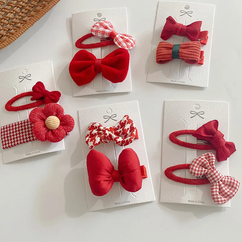 

2pcs/set Red Solid Hair Bow Children Hairpin Kids Headdress Printed Side Bangs Hair Clip Fashion Girls Hair Accessories