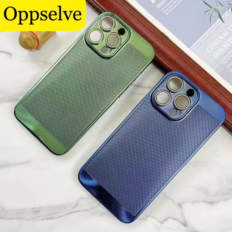 

Plating Mobile Phone Case For iPhone 15 14 Plus 13 12 11 Pro Max Breathable Heat-dissipation Mesh Cover Back Protect Hard Shell