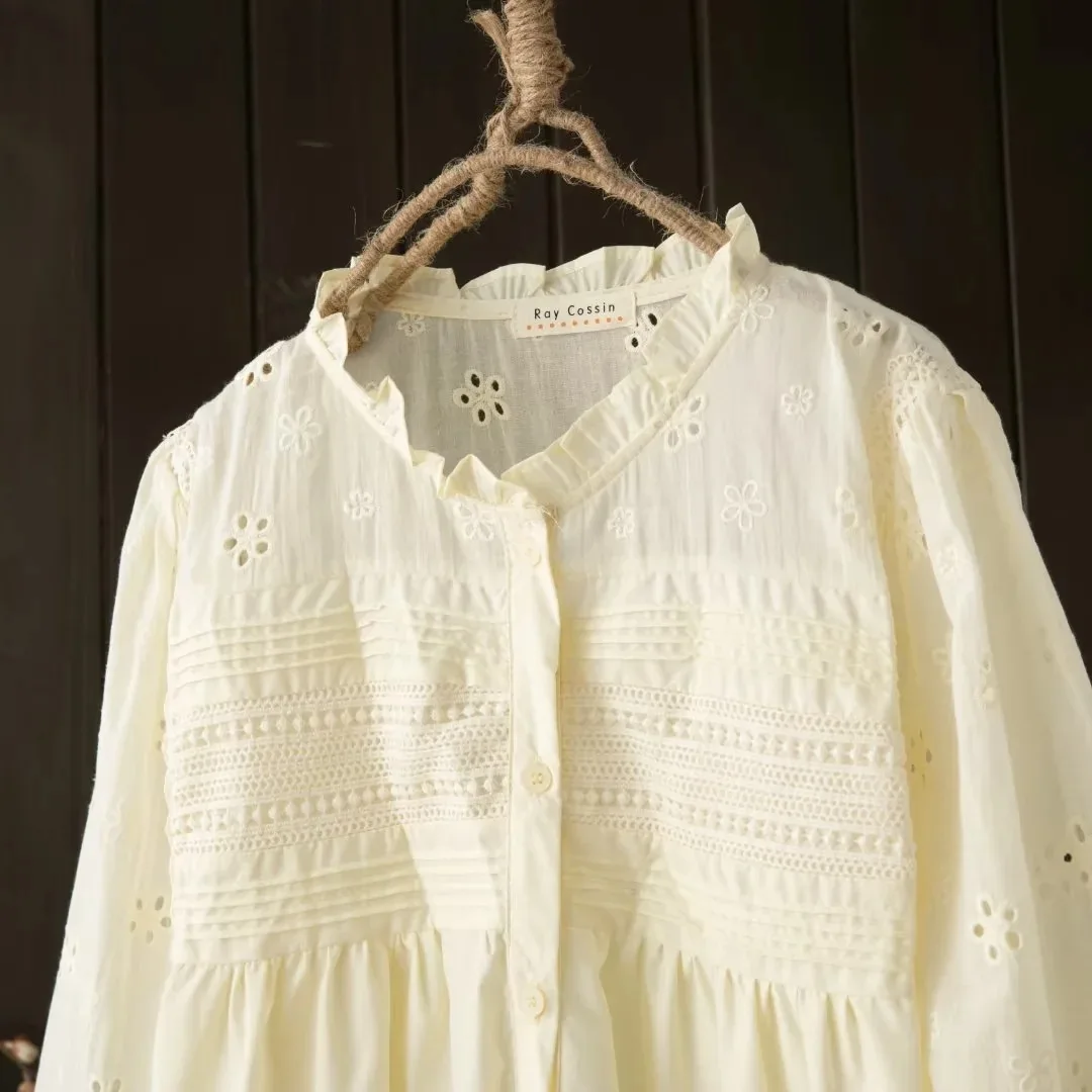 Новые осенние хлопковые однотонные рубашки со складками женские открытые топы с