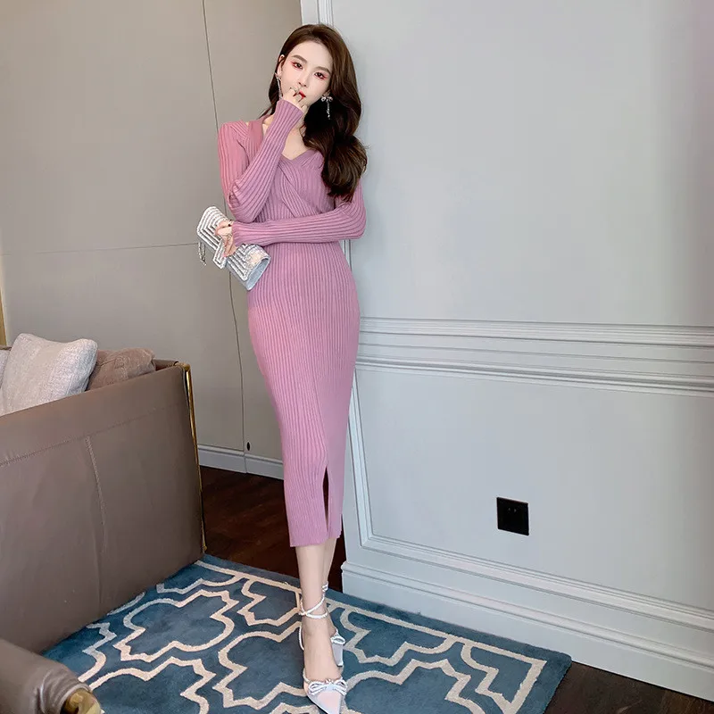

Korea 2021 Autumn Winter New Fashion Women V-Neck Criss-Cross Striped Full Sleeve Hem Slit Knitting Solid Color Mid-calf Dress