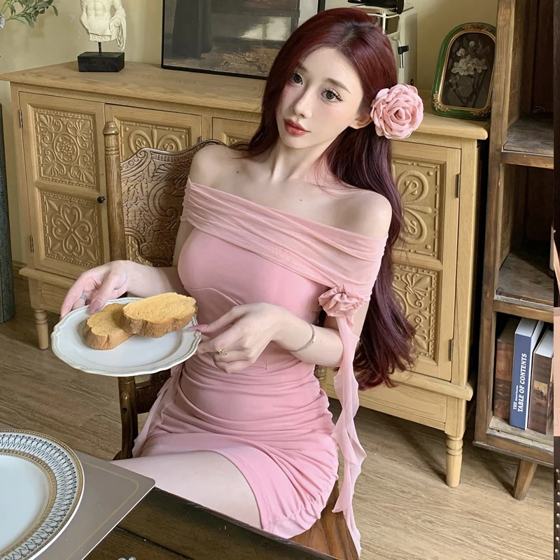 Pure Desire Sexy Off-shoulder Wrap-around Flowers Patchwork Dress Elegant Temperament Ribbon Design Slimming