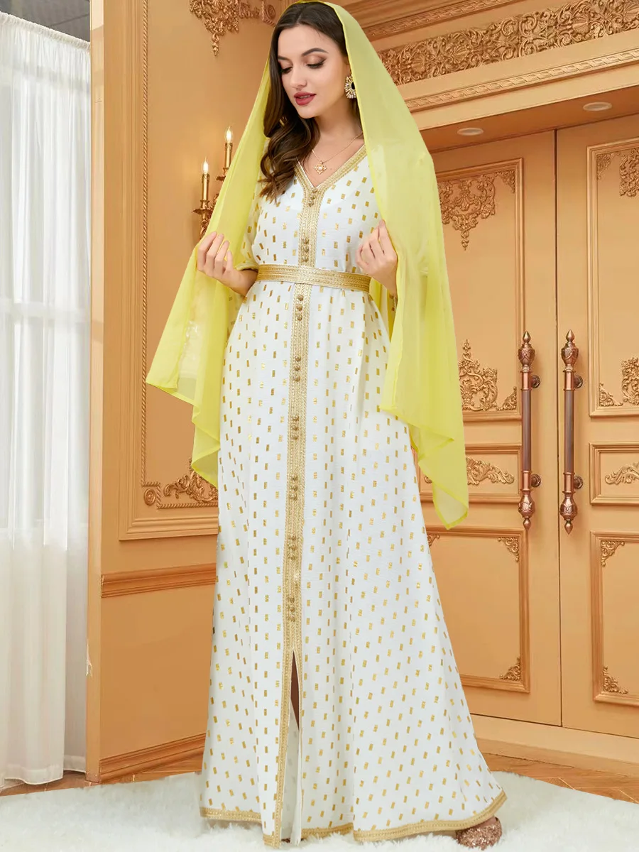 Abayas for Women Dubai Elegant V-neck Long Sleeve Ribbon Button Turkey Arabic Oman Moroccan Caftan Muslim Fashion Female Clothes
