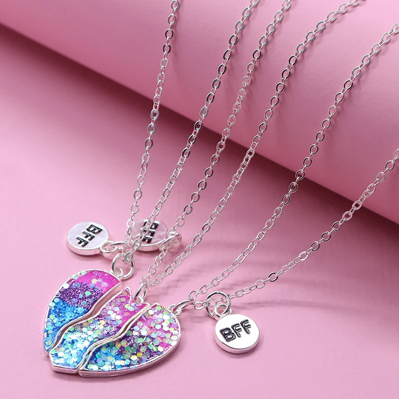

3Pcs/set Best Friend Necklace for Girls Broken Heart Friends Pendant Children's Necklace Three-piece Set Children's Jewelry Gift