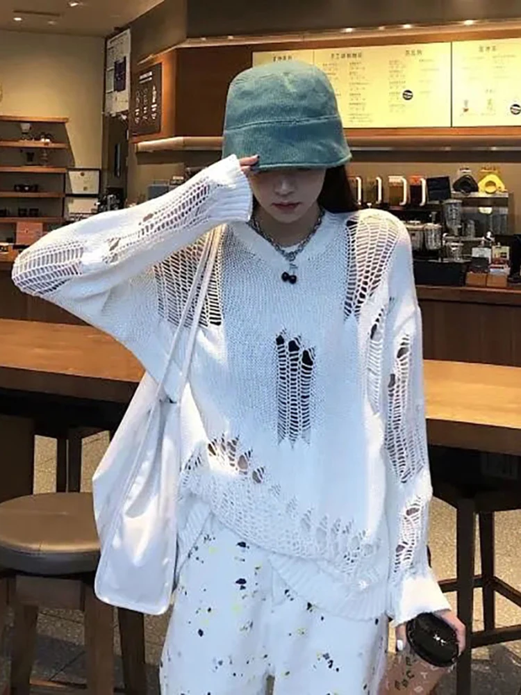 

Gothic Punk Hole Sweaters Women Oversized Streetwear Harajuku Sweaters Hollow Out Broken Knitted Jumper Woman Pullover Sweater