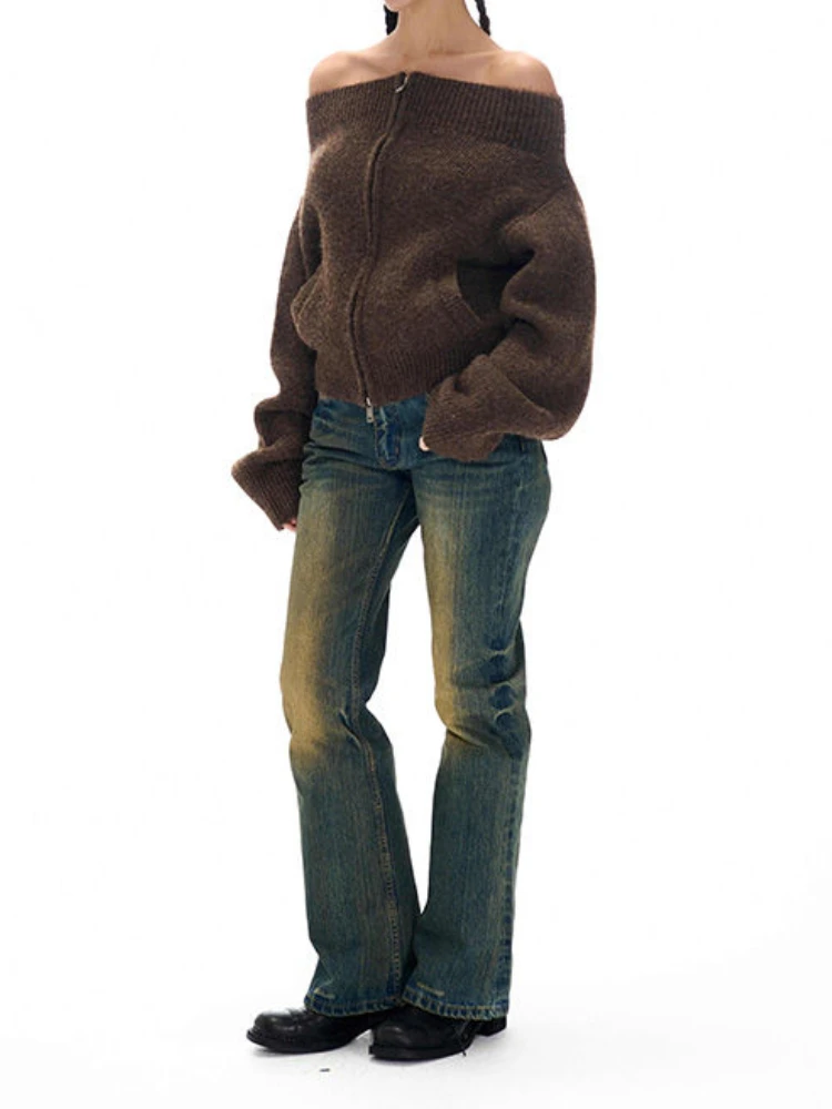 Сексуальные вязаные кардиганы с вырезом на шее осенние винтажные универсальные