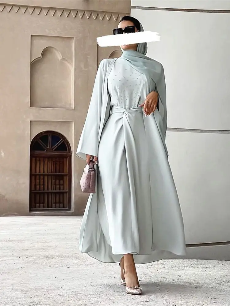 

Рамадан ИД Кафтан Дубай мусульманский комплект из 3 частей абайя Турция ислам платье молитвенная одежда женский халат Niqab Женский комплект