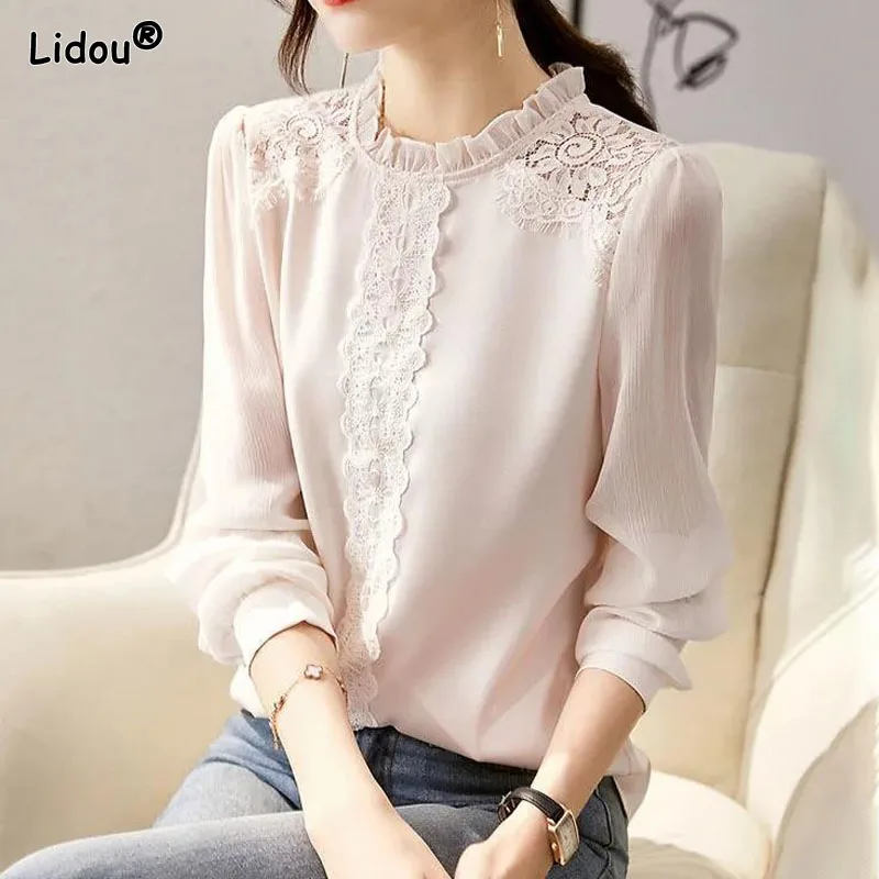 

O-Neck Ruffles Single Breasted Women's Clothing Premium Chiffon Slim Solid Thin Spring Autumn Capable Office Lady Women Shirt