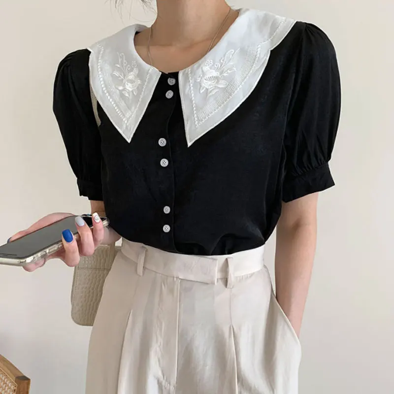 Женская рубашка с вышивкой в корейском ретро-стиле Новинка лета 2022 Свободная