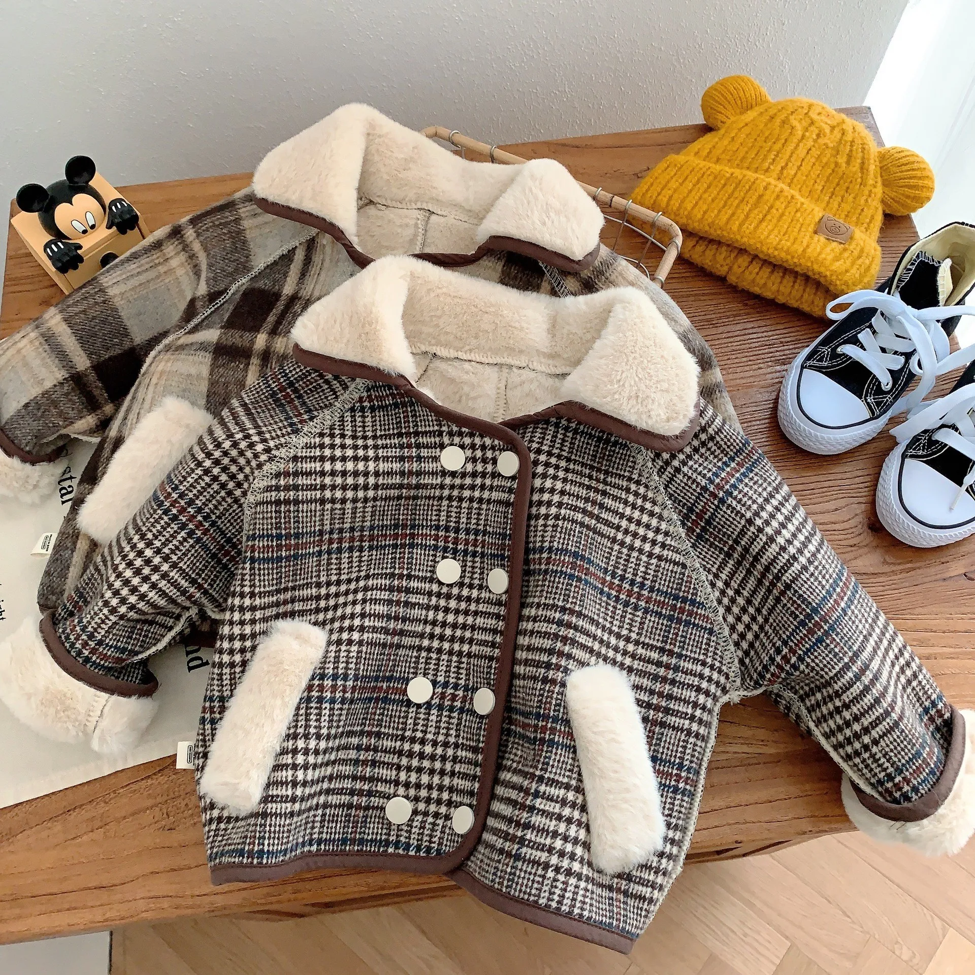 

2022 Autumn Winter New 1-6 Years Baby Retro Plaid Cotton Coats Children Boy Plus Fleece Pocket Long Sleeve Tops Kid Girl Jacket