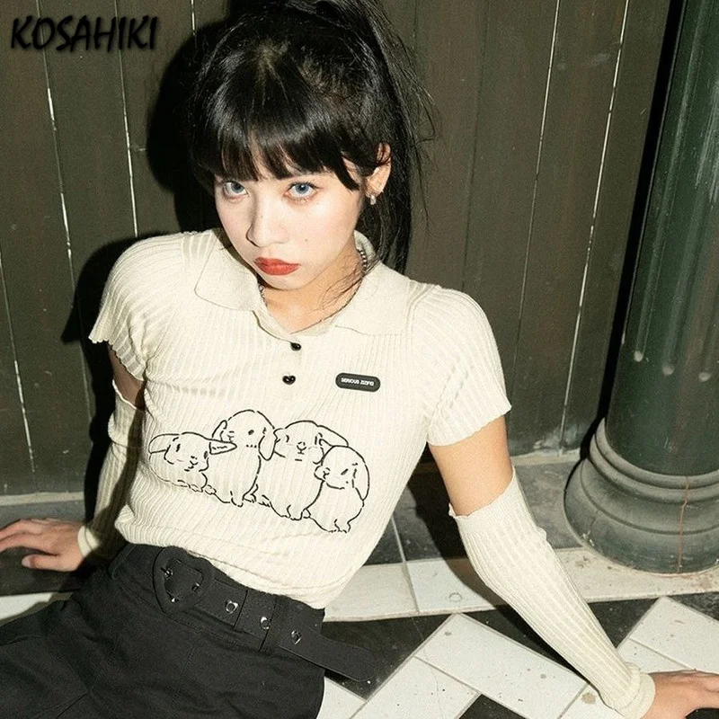 

Kawaii Rabbit Print Women Crop Top Y2k Fashion Casual Harajuku Vintage Streetwear Design Slim Bodycon E-girl T-shirt