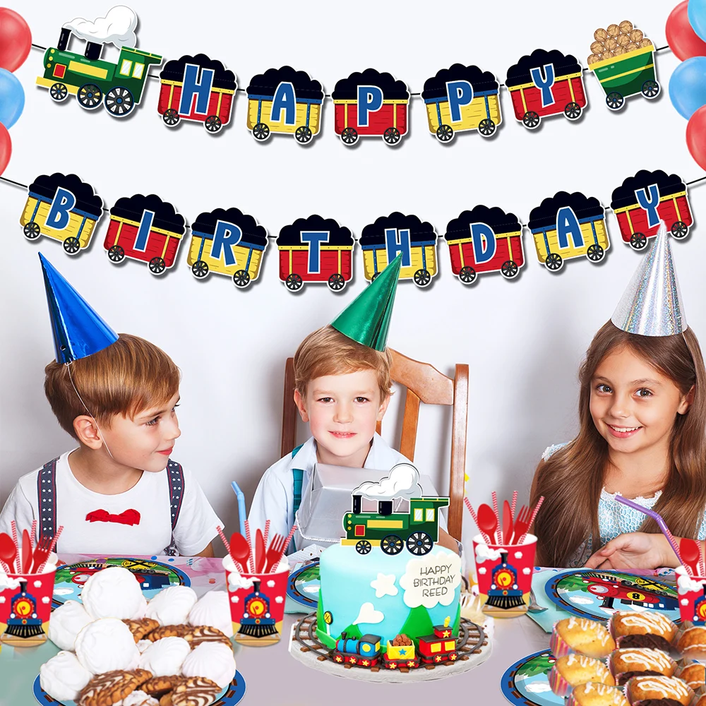 

Kids Cartoon Train Choo Cargo Game Birthday Party Wall Hanging Banners Disposable Tableware Sets Baby Shower Party Decorations