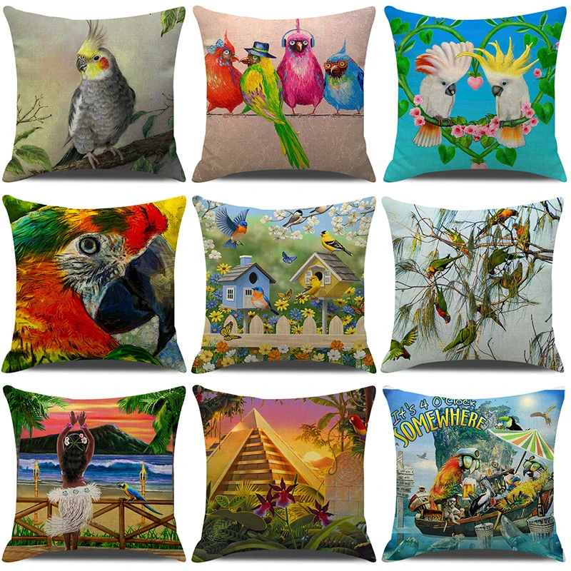 

Colorful Parrot Birds Printed Cushion Cover 18x18 Inches Cushion Case Decorative Sofa Bed Pillow Cover Home Decor Car Pillowcase