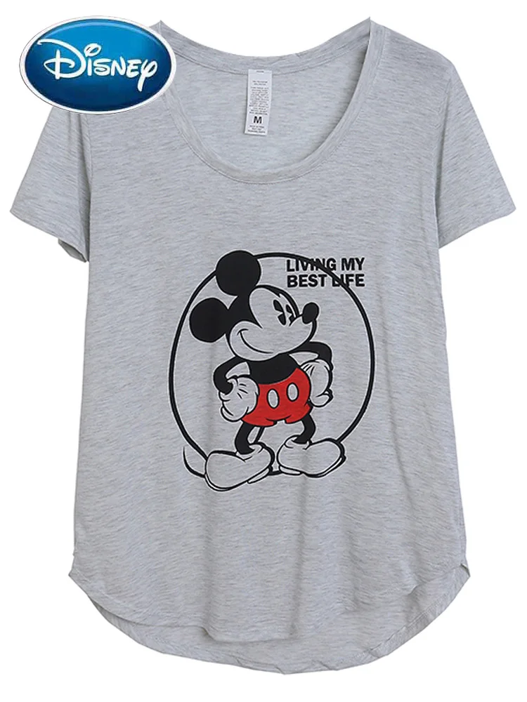 

Disney Fashion Mickey Mouse Cartoon Print T-Shirt Harajuku Women Deep O-Neck Short Sleeve HI-LO Hem Tee Tops Female Gray Summer